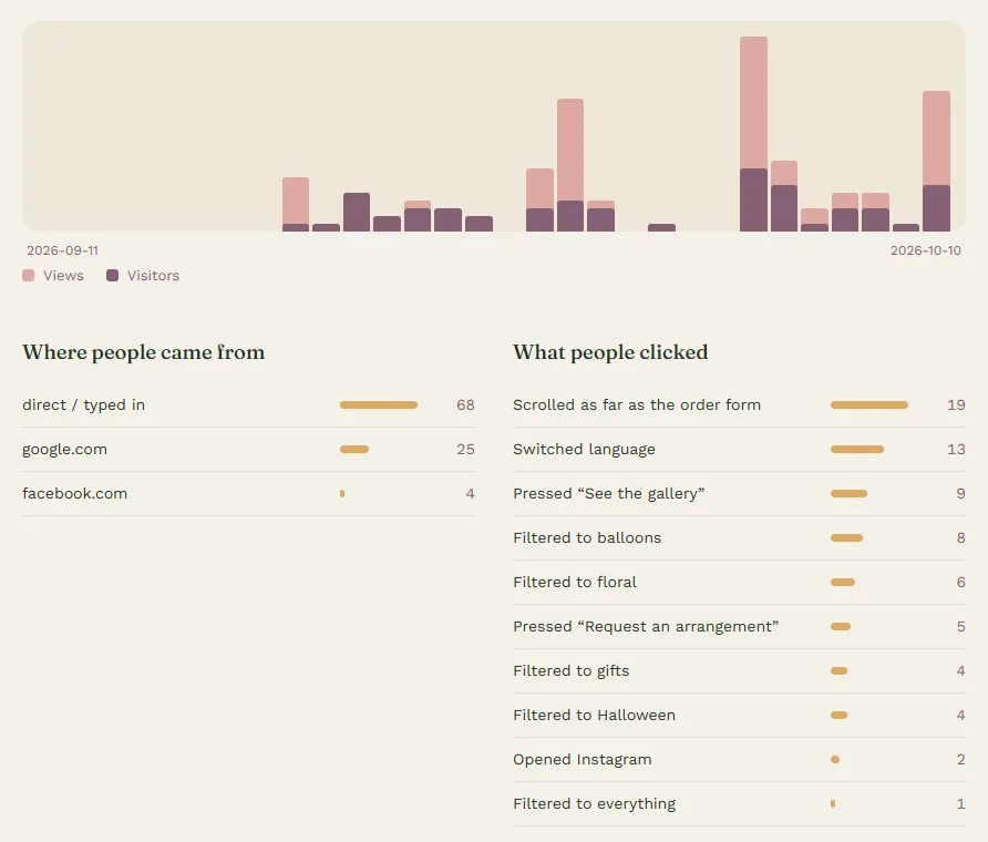 Private analytics dashboard with a daily visits chart and lists of where visitors came from and what they clicked
