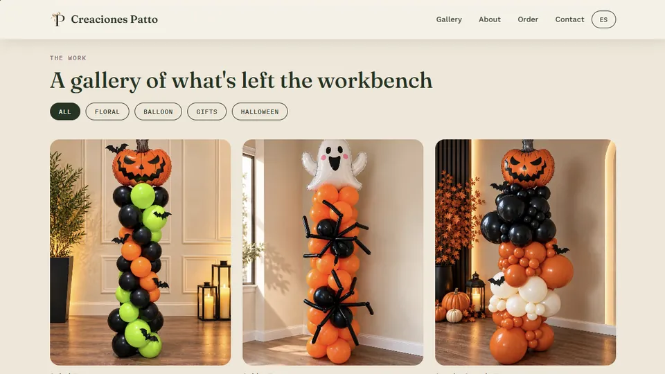 Creaciones Patto gallery page with Halloween balloon towers