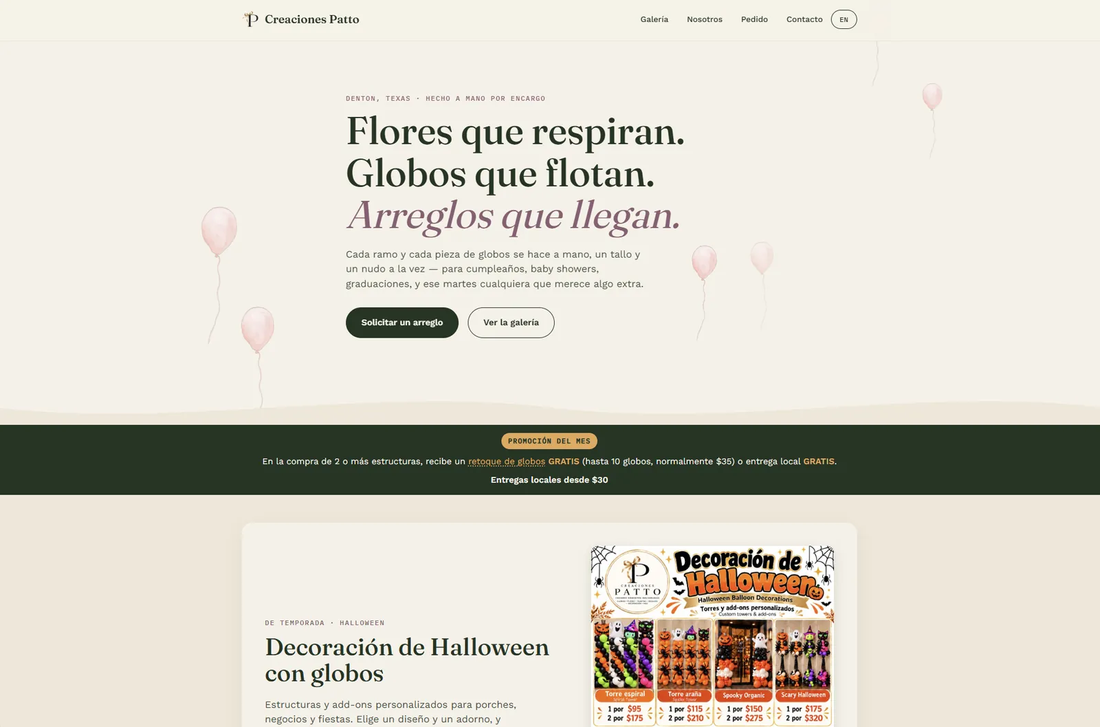 Creaciones Patto homepage in Spanish, with the monthly promotion strip and the Halloween flyer