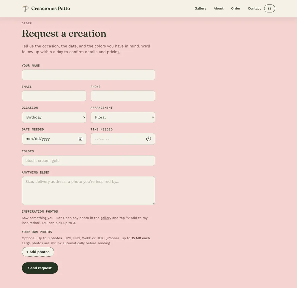 Order request form with fields for occasion, arrangement, date, time, colors, inspiration photos, and photo uploads