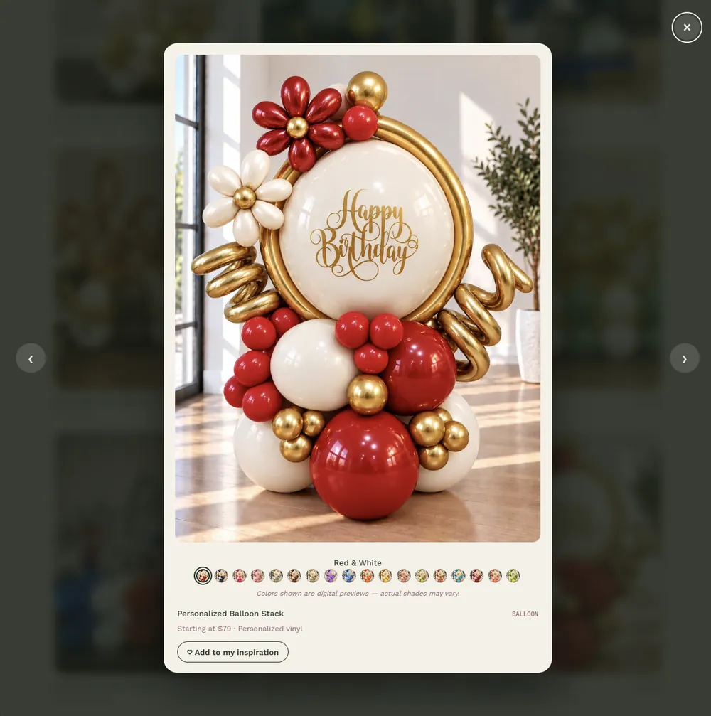 Photo popup for a personalized balloon stack, with a row of color swatches and a starting price